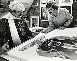 Karel Apppel, 1979: Appel at the left, with cap & Rudolf Bikkers (right), in the studio's of Editions Canada, London, Ontario, Canada, photo by BabyBikk