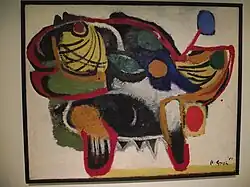 Karel Appel, 1951: 'Het Oerbeest / The Primeval, oil-painting; location unknown; - quote of Karel Appel, 1953: 'The struggle [painting] begins, to harmonize canvas, eye, hand, forms. New apparitions stalk the earth'