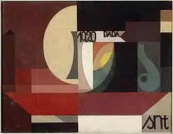 Sophie Taeuber-Arp, 1920: 'Composition Dada / Tête au plat', oil on canvas glued on cardboard framed under glass; current location: Centre Pompidou -no. AM 2003-333; - quote of Hans Arp, 1950's: 'It was Sophie [his wife] who, by the example of her work and her life, both of them bathed in clarity, showed me the right way'