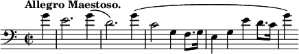 \new Staff \relative c' {
\clef bass \time 2/2 \key c \major \tempo "Allegro Maestoso." \partial 4
g' -\( e2.) g4(d2.) g4(c,2 g4 f8. g16 e4 g e' d8. c16 g'4)
}