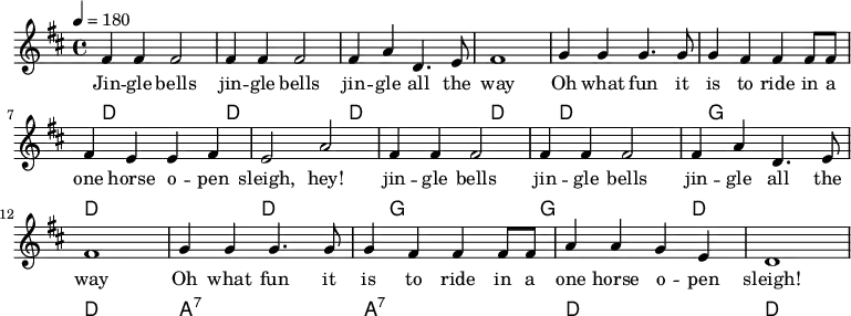 {\language "english" \new PianoStaff \transpose f d << \new Staff\relative c''{\set Staff.midiInstrument= #"lead 2" \clef treble \key f \major \time 4/4 \tempo 4 = 180
a4 a a2 |a4 a a2
a4 c f,4. g8 |a1 |bf4 bf4 bf4. bf8 |bf4 a a a8 a8 |a4 g g a |g2 c2
a4 a a2 |a4 a a2 | a4 c f,4. g8 |a1
bf4 bf4 bf4. bf8 |bf4 a a a8 a8 |c4 c bf g |f1
} \addlyrics{
Jin -- gle bells |jin -- gle bells
jin -- gle all the | way |Oh what fun it |is to ride in a |one horse o -- pen | sleigh, hey!
jin -- gle bells |jin -- gle bells |jin -- gle all the | way
Oh what fun it |is to ride in a |one horse o -- pen | sleigh!
}\new ChordNames {\chordmode {\clef bass % Chords
f, f, |f, f, | f, bf, | f, f,
bf, bf, | f, f, |c,:7 c,:7 | f, f,
} }>>}