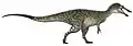 Colour drawing of a long-tailed dinosaur walking on its hind legs