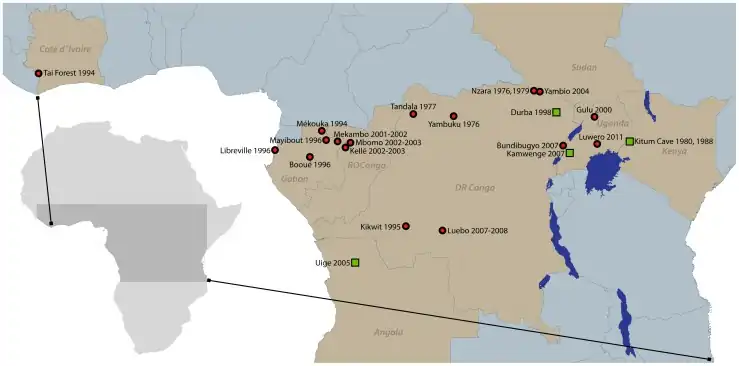 Ebola (and Marburg virus depicted as green squares) outbreaks on the African continent, both from the Filoviridae family[11][354] McNeil A., Rollin P., cc by sa