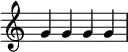 {
\override Score.TimeSignature
#'stencil = ##f
\override Score.SpacingSpanner.strict-note-spacing = ##t
\set Score.proportionalNotationDuration = #(ly:make-moment 1/4)
\time 4/4

{ 
\clef treble
g' g' g' g'
 
   }
}