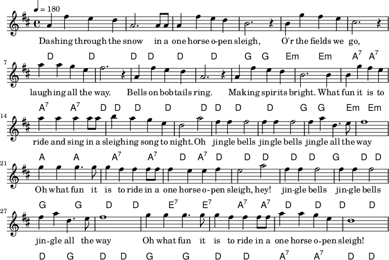 {\language "english" \new PianoStaff \transpose f d' << \new Staff\relative c'{\set Staff.midiInstrument= #"lead 2" \clef treble \key f \major \time 4/4 \tempo 4 = 180
c4 a' g f | c2. c8 c8 | c4 a' g f | d2. r4 | d bf' a g |e2. r4
c'4 c bf g |a2. r4 |c,4 a' g f | c2. r4 |c a' g f |d2. d4
d bf' a g |c c c c8 c8 |d4 c bf g |f2 c'2 |a4 a a2 |a4 a a2
a4 c f,4. g8 |a1 |bf4 bf4 bf4. bf8 |bf4 a a a8 a8 |a4 g g a |g2 c2
a4 a a2 |a4 a a2 | a4 c f,4. g8 |a1
bf4 bf4 bf4. bf8 |bf4 a a a8 a8 |c4 c bf g |f1
} \addlyrics{
Dash -- ing through the |snow in a |one horse o -- pen |sleigh, |O'r the fields we | go,
laugh -- ing all the |way. |Bells on bob -- tails |ring. |Mak -- ing spir -- its |bright. What
fun it is to |ride and sing in a |sleigh -- ing song to |-- night. Oh |jin -- gle bells |jin -- gle bells
jin -- gle all the | way |Oh what fun it |is to ride in a |one horse o -- pen | sleigh, hey!
jin -- gle bells |jin -- gle bells |jin -- gle all the | way
Oh what fun it |is to ride in a |one horse o -- pen | sleigh!
}\new ChordNames {\chordmode {\clef bass % Chords
%Dashing_f | | | Sleigh_bf |O'er_g:min | go_c:7
f,2 f, | f, f, | f, f, | bf, bf, | g,:min g,:min |c,:7 c,:7
% | way_f | | | |bright_bf
c,:7 c,:7 | f,f, | f,f, | f,f, | f,f, | bf,bf,
%fun_g:m |ride_c |sleighing_c:7 |night_f Oh_c:7 | jingle_f |
g,:min g,:min |c,c, |c,:7 c,:7 | f, c,:7 | f,f, | f,f,
% all_bf |way_f |Oh_bf |is_f |one_g:7 |sleigh_c:7
f, bf, |f, f, |bf,bf, |f,f, |g,:7 g,:7 |c,:7 c,:7
%jingle_f | | all_bf | way_f
f, f, |f, f, | f, bf, | f, f,
%Oh_bf |is_f |one_c:7 |sleigh_f
bf, bf, | f, f, |c,:7 c,:7 | f, f,
} }>>}