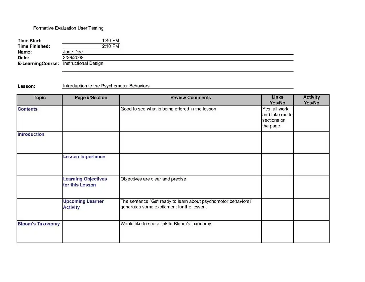 Completed Evalustion Form