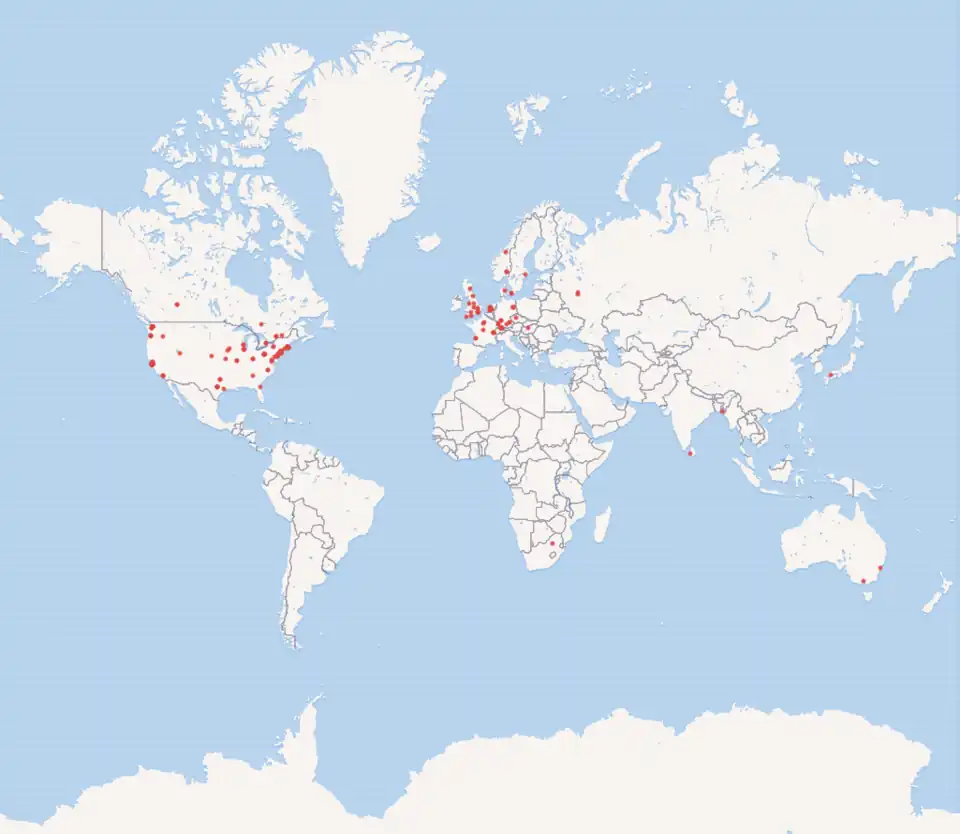 Страны, в которых живут люди и организации, связанные с созданием языков программирования (2017)